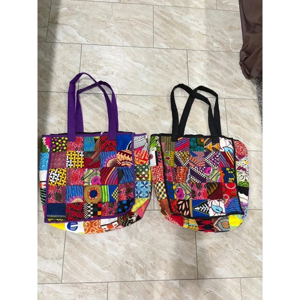 Vintage Handmade African Colorful Patchwork Boho Large Shoulder Bags Bundle of 2 - Picture 3 of 9